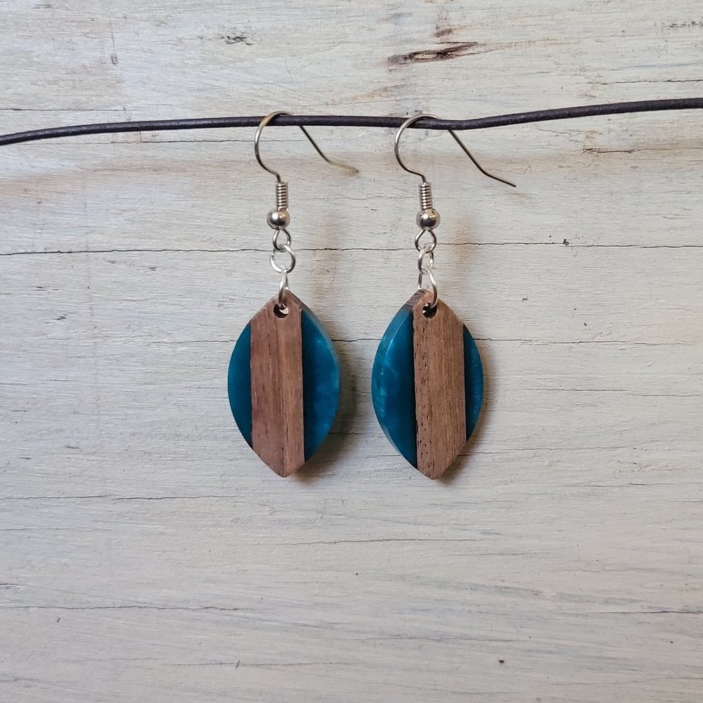 Wood and Resin Earrings - Small Teal and Wood